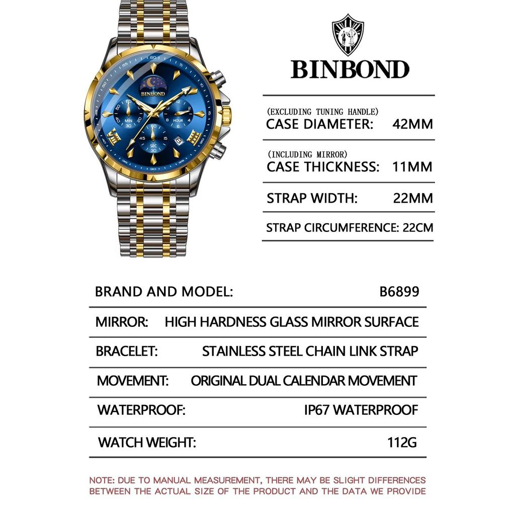 Mens Business Chronograph Watch Stainless Steel Analog Moon‑Phase Wristwatch Waterproof Luminous
