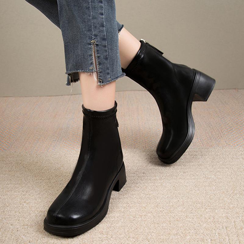 Leather Women Snow Ankle Boots Mid Heels Designer Shoes Winter Chunky Classic Motorcycle Boots 2024 Trend Goth Mujer Zapatillas