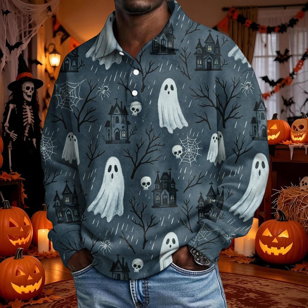 Men's Halloween Long Sleeve Button Up Shirt for Party and Casual Wear