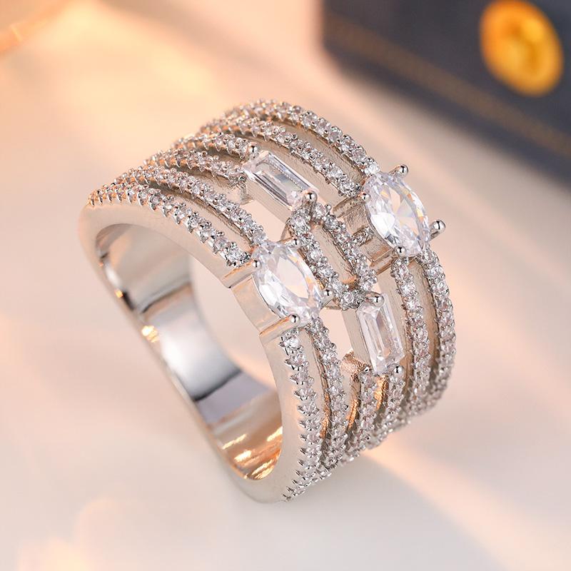 Exquisite Inlaid White CZ Women's Ring Elegant CopperColor Geometry Daily Wear Party Jewelry Anniversary Gift