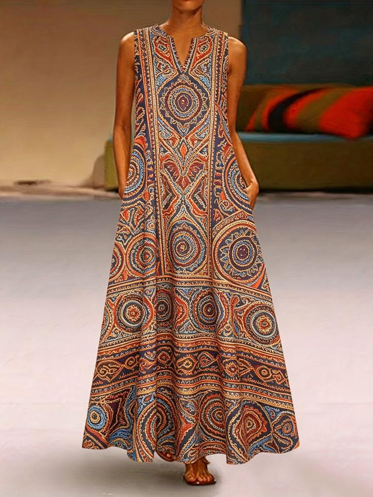 Retro Floral Color Matching Printing V-neck Sleeveless Loose Pendulum Long Dress