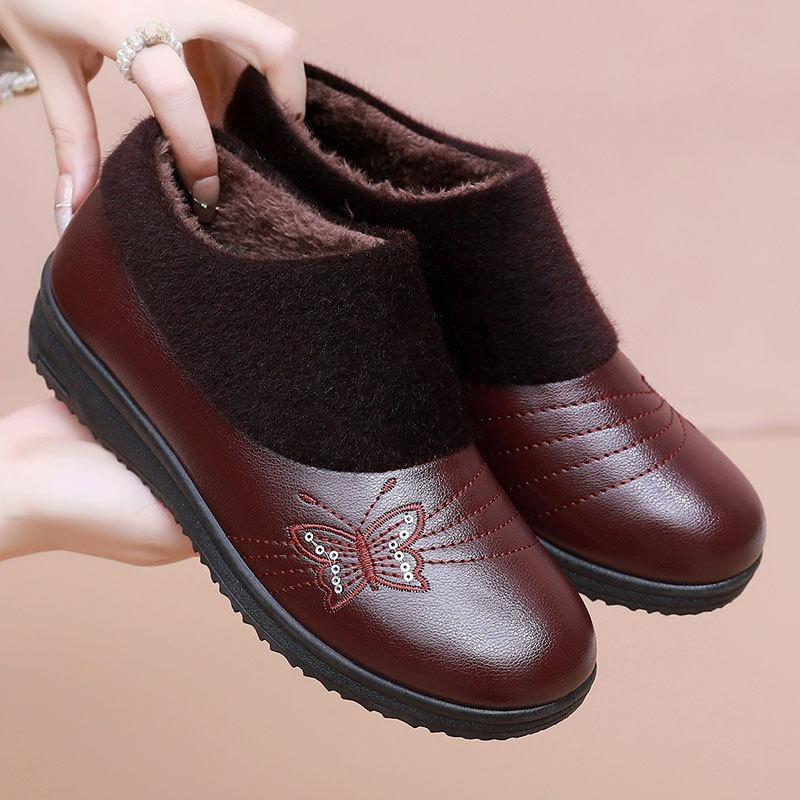 

Старые пекинские хлопковые туфли для мамы, женские зимние водонепроницаемые теплые кожаные туфли, нескользящие хлопковые туфли, туфли плюс бархат EU34/CN35 красный