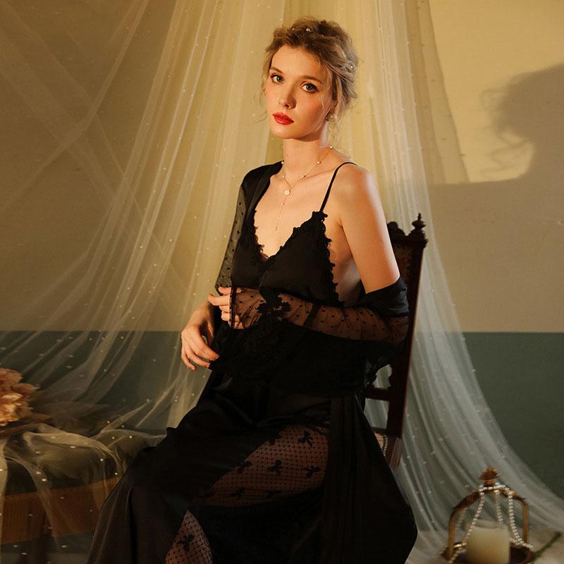Women Sexy Lace Patchwork Nightgown Long Kimono Bath Gown Loose Suspender Nightdress Intimate Lingerie