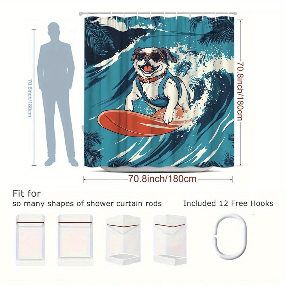 1pc Dog Surfing Shower Curtain with Fun Animal Pattern Landscape Decor Bathroom Decoration Polyester Fabric Includes 12 Hooks