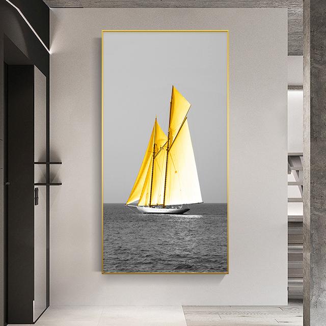 New Chinese Gold Ship Abstract Boat Canvas Painting Wall Art Zen Stone Rich Tree Posters and Prints for Living Room Decor Quadro