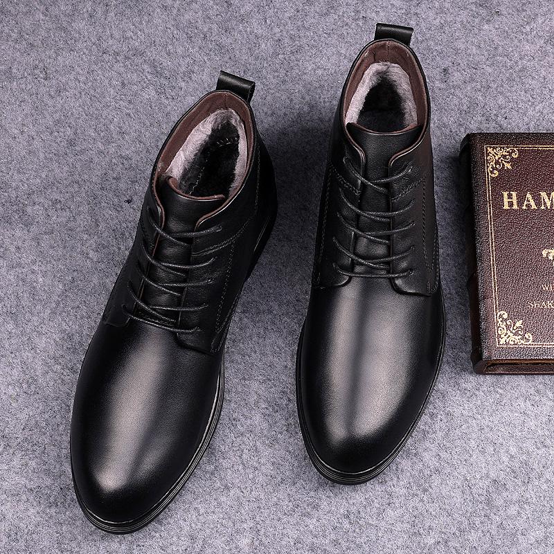 Fashion Handmade Mens Winter Plush Snow Boots Genuine Leather Ankle Boots for Men Leisure Walk Motocross Boots Versatile Walking Botas