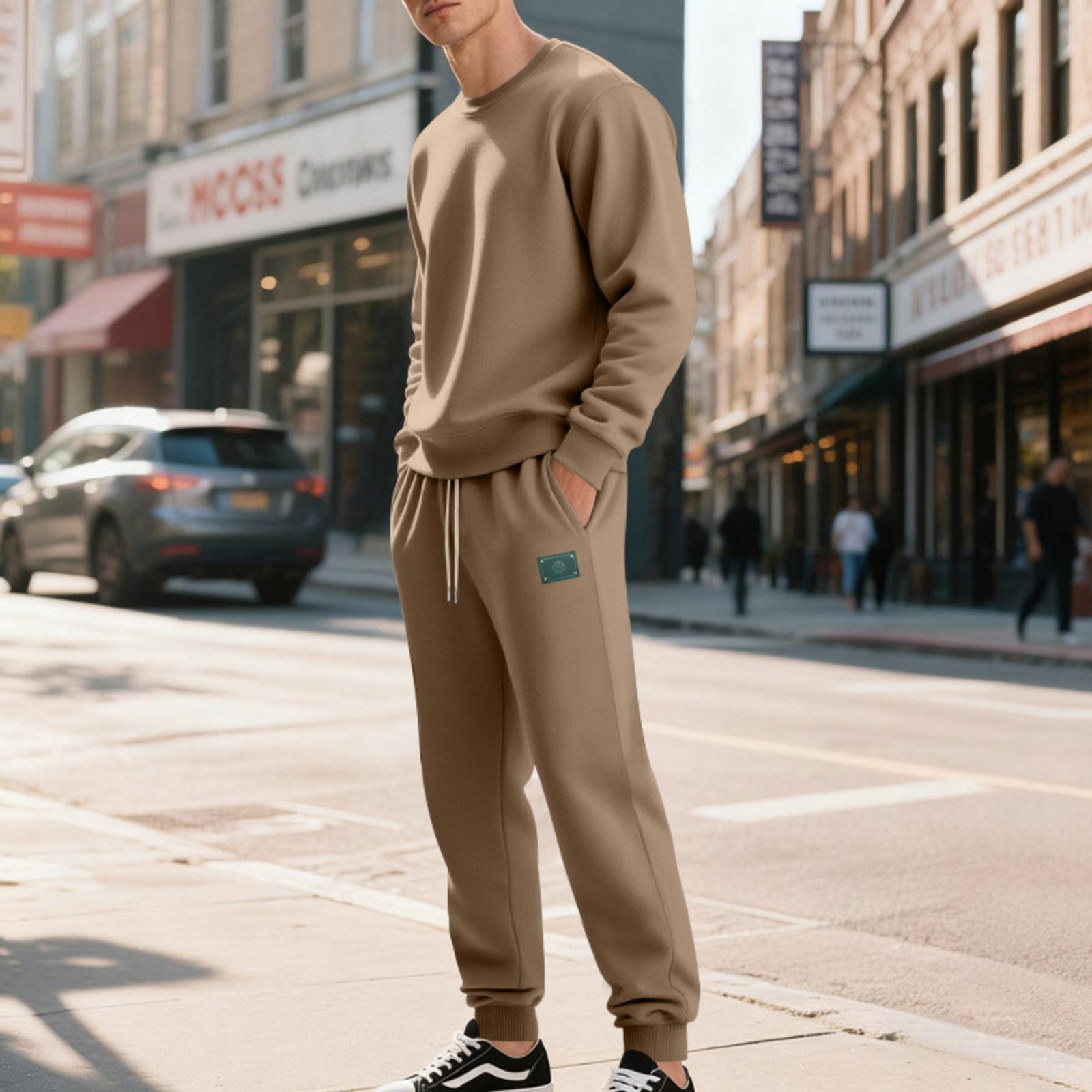 

Men s Solid Color Loose Casual Warm And Plush Casual Round Neck Sweatshirt Set L