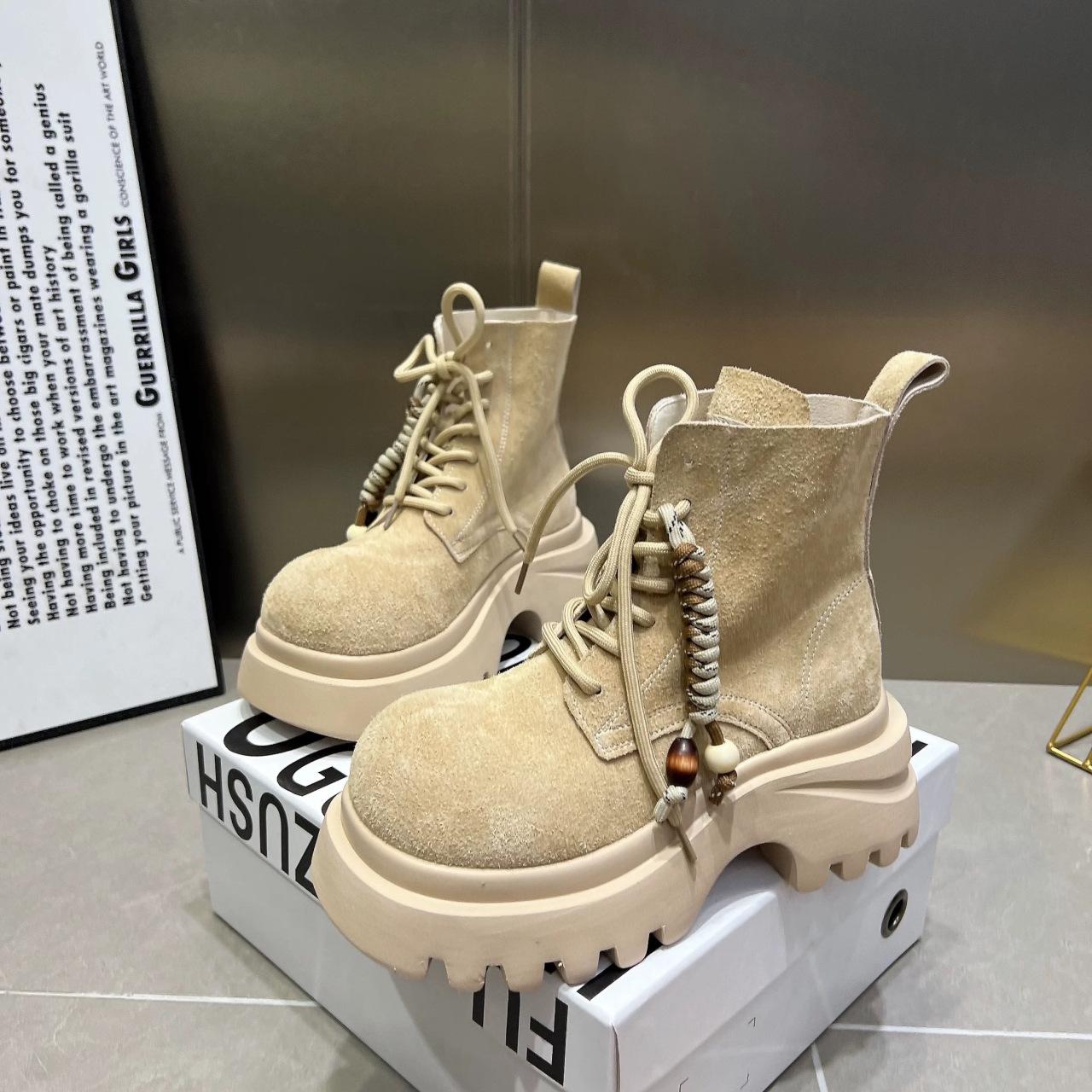 

[Fanfna] Martin boots matte leather lace-up fringed retro big-headed locomotive Spice Girl wind small short boots 35 бежевий