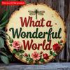 2d Flat 20*20cm Vintage Floral "What A Wonderful World" Wooden Logo Round, Equipped with Colorful Roses and Dragonflies, for Home, Kitchen, Bar, Cafe.