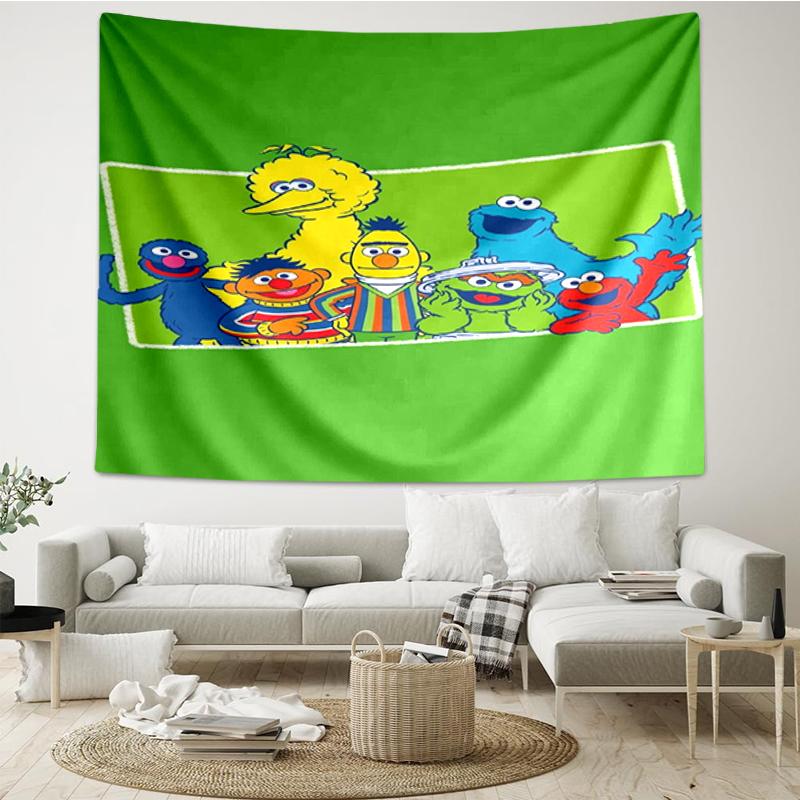 Sesame Street Print Tapestry, Backdrop, Easy Setup, Ideal for Bedroom, Office & Living Room, with Aesthetic Wall Hanging Decor.