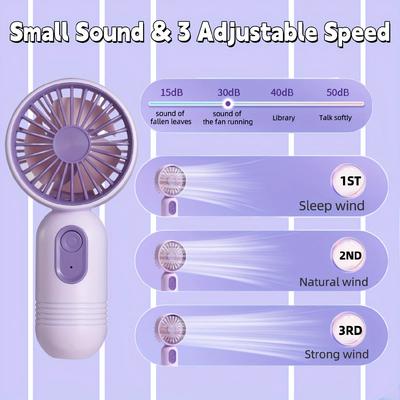 Mini ventilateur portable, petit ventilateur de poche, chargement USB, ventilateur de poche à 3 vitesses adapté pour le bureau, les voyages en extérieur et le camping