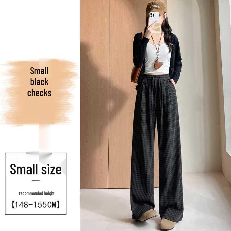 

Women s Autumn 2025 Blue Plaid High-Waist Wide-Leg Pants with Drawstring - Retro, Slimming, Casual Style Large