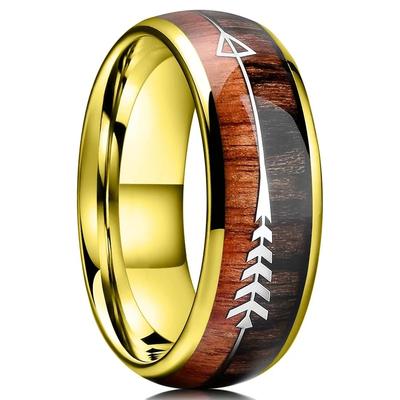 Anillos de Flecha de Acero Inoxidable Color Oro de Moda de 8 mm para Hombres Mujeres Incrustados Anillos de Madera Hawaiana Koa Hombres Alianza de Boda Joyería Regalos