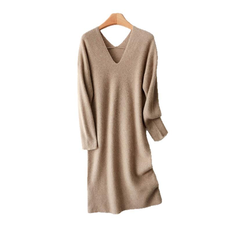 Women's V-Neck Pure Wool Knit Dress, Loose Fit, Mid-Length, Over-the-Knee - Autumn/Winter Collection
