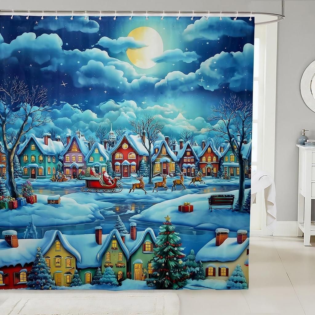Cute Christmas Bear Shower Curtain Winter Snowflake Xmas Tree Decor Bathroom Curtains for Kids Boys Girls Teens Cartoon Animal