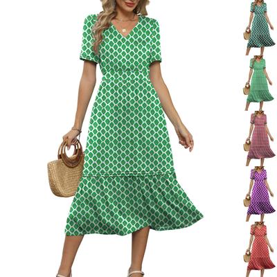 Abito estivo casual da donna con stampa, manica corta, scollo a V, con tasche