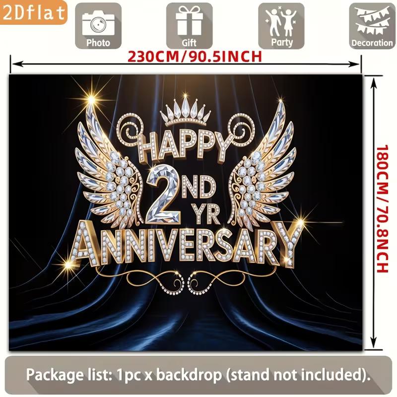 2D 2nd Anniversary Photography Backdrop Black Background with Diamond Wings and Crown