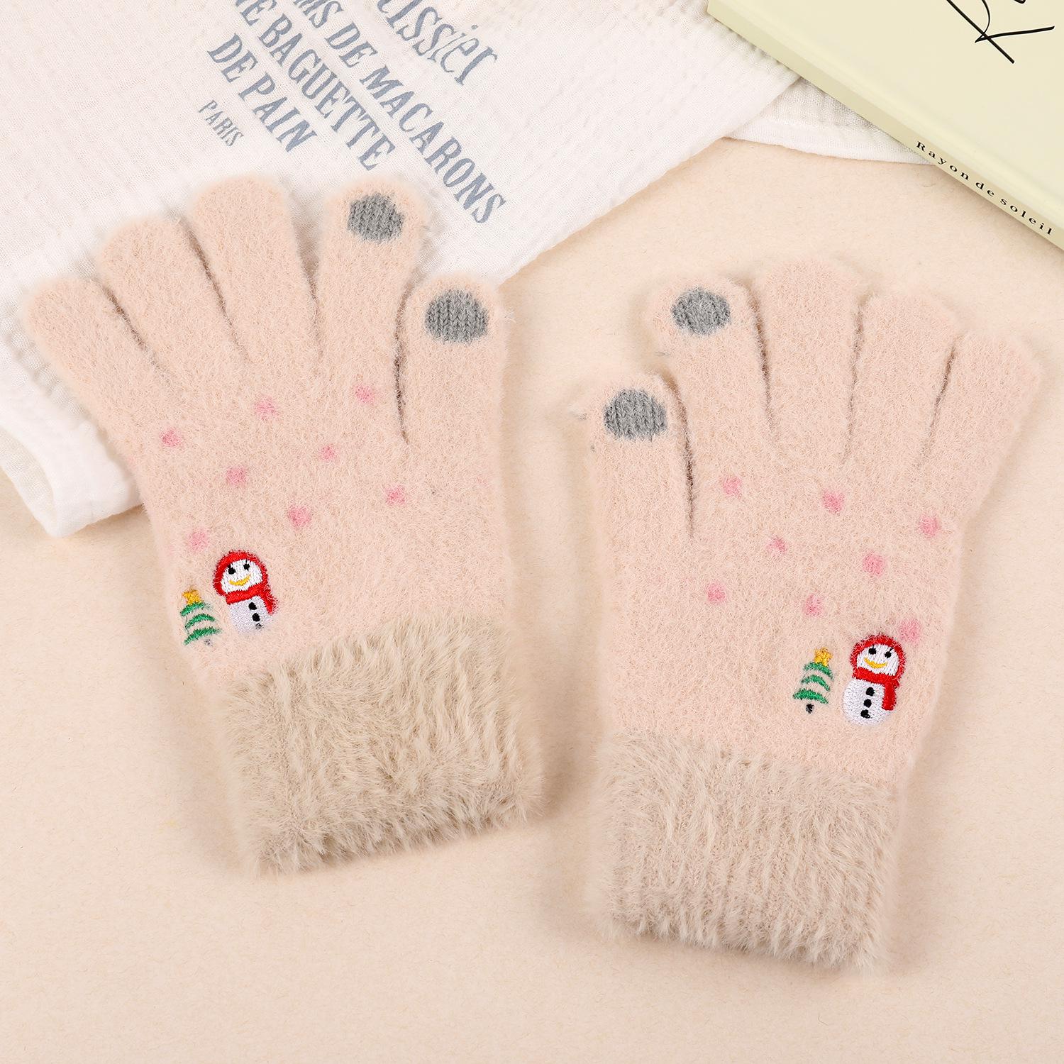 

Женские зимние вязаные перчатки с сенсорным экраном и флисовой подкладкой с рисунком снеговика хаки