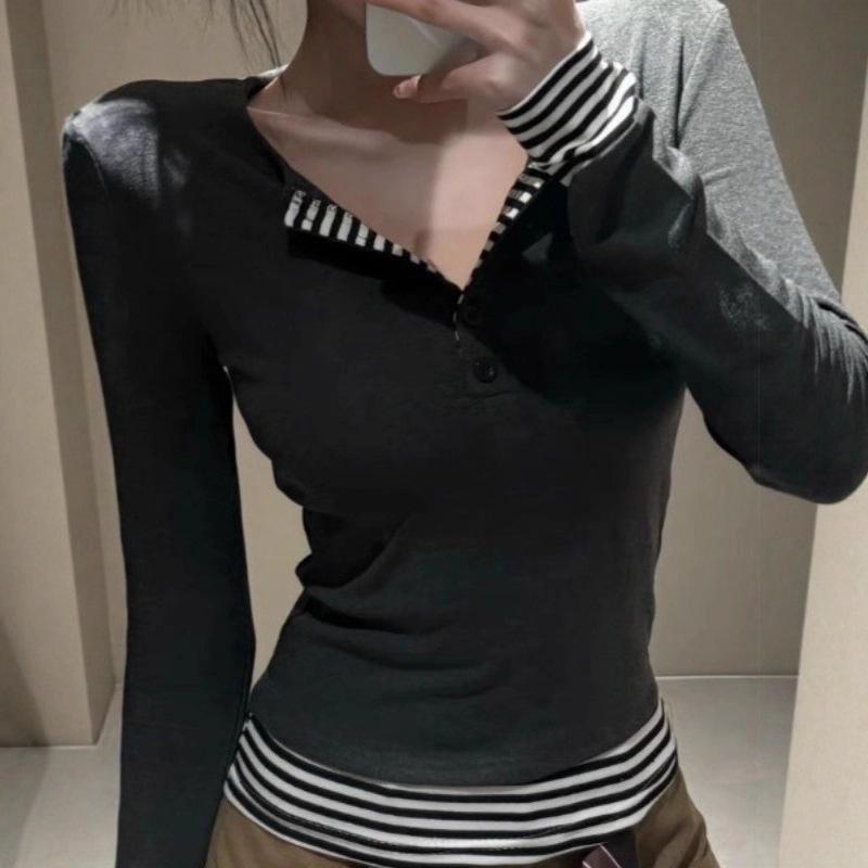 2025 Women s Autumn/Winter Striped Color Block Long-Sleeve Patchwork Two-in-One T-Shirt Large серый