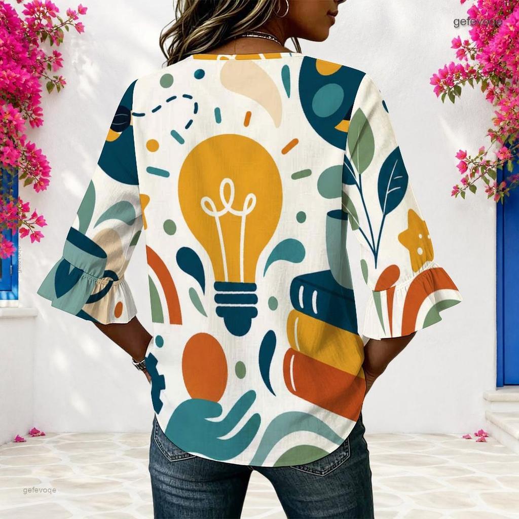 Womens Plus Size V Round Neck Mid Sleeve Front Button Chic Casual Loose Comfortable Weekend Ladies Blouse