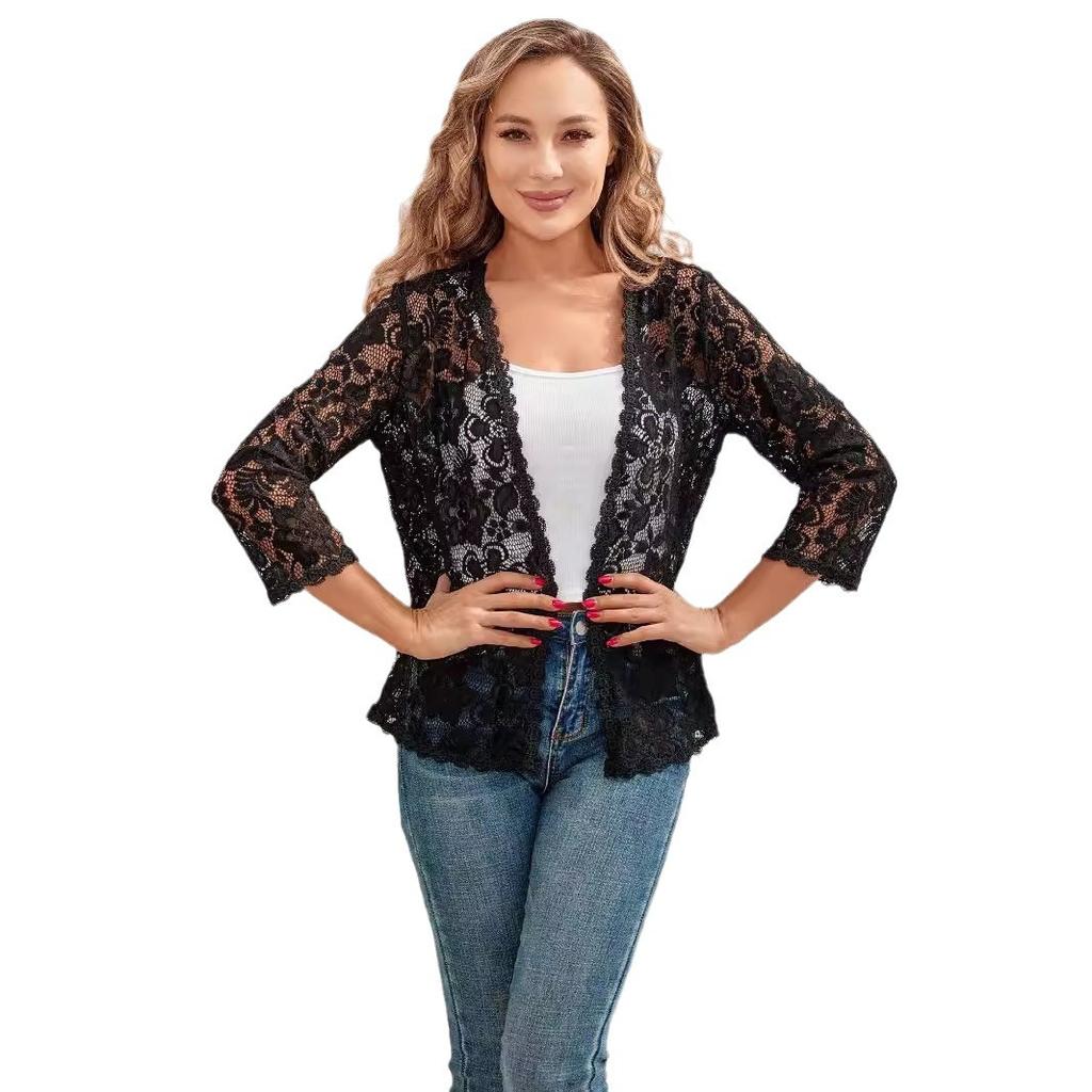 New Loose and Versatile Plus-size Sun-protective Lace Top with A Cut-out See-through Cardigan