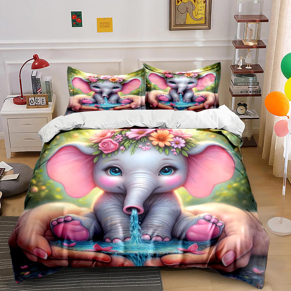 Floral Elephant Art Scenery Pattern Duvet Cover Set Digital Print Colorful Polyester Bedding With Zipper Closur For Kids Gifts EU Twin 135X200cm&set