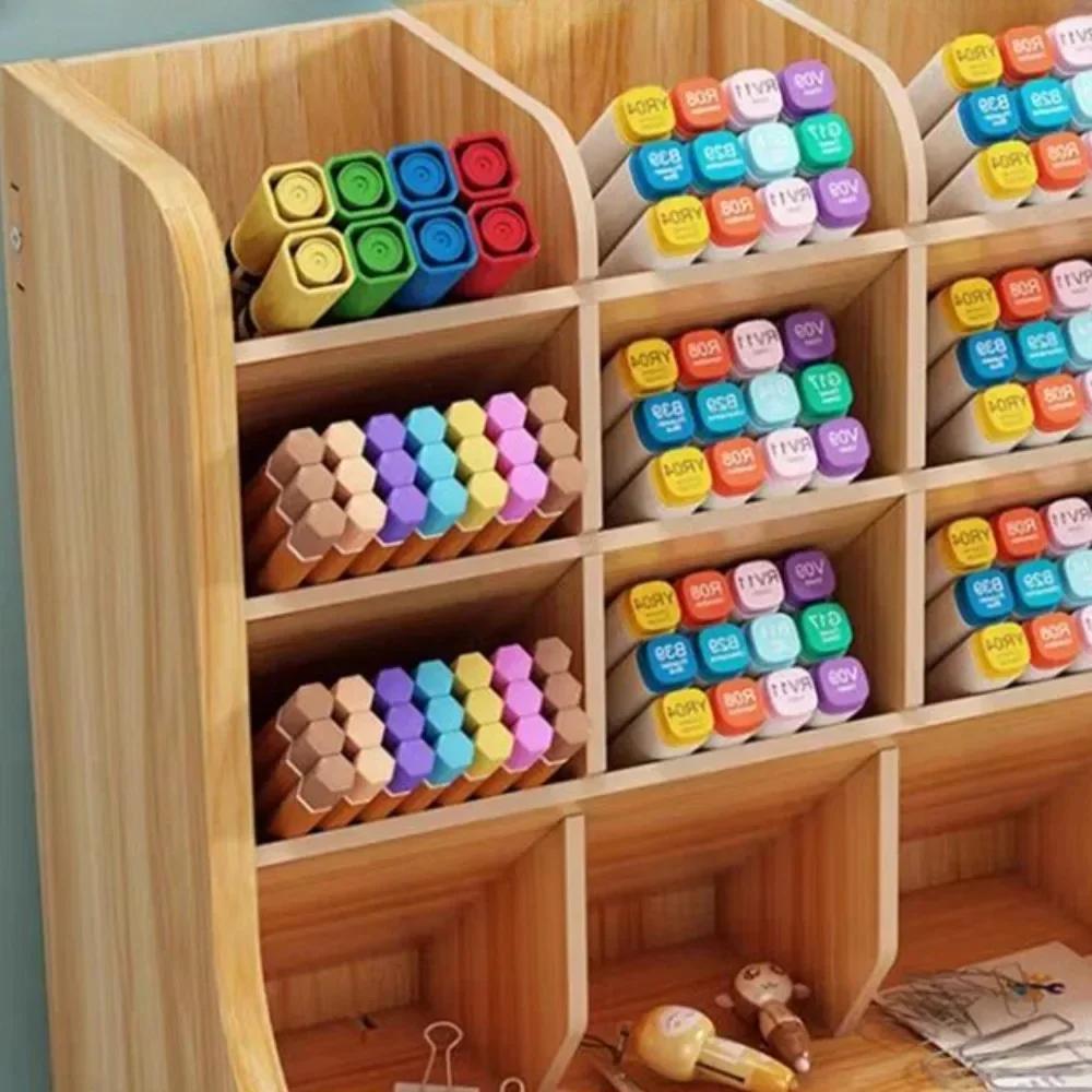 Wooden Pen Holder with Drawer Multi-Functional Desktop Stationary Pencil Box Home Office Art Supplies Rack