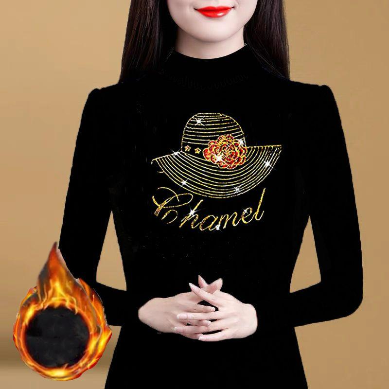 Autumn Winter Women Diamonds Fleece Black Slim T-Shirt Version Fashion Half High Neck Big Size Thicken Casual Long Sleeve Tops