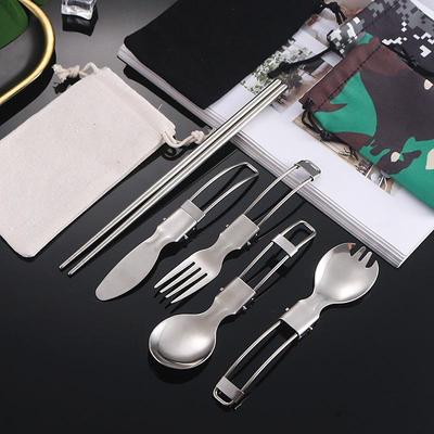 304 Stainless Steel Multifunctional Folding Cutlery Set with Knife, Fork, Spoon, and Detachable Chopsticks for Outdoor Use.