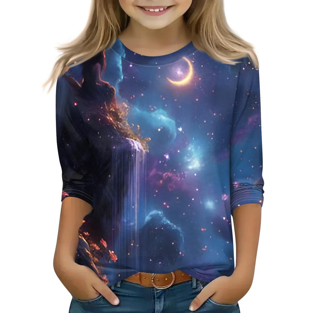 Bedruckte Oberteile für junge Mädchen von 5–16 Jahren, Rundhalsausschnitt, 3/4-Ärmel, T-Shirts, trendige Oberteile, Outfit-T-Shirts