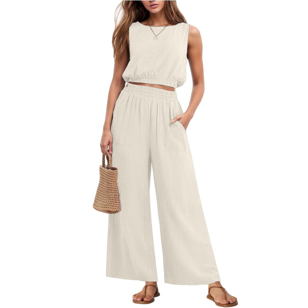 Damenmode Lässiges Ärmelloses Tanktop Mit Elastischem Saum Und High Waist Weiter Bein Zweiteiliges Set