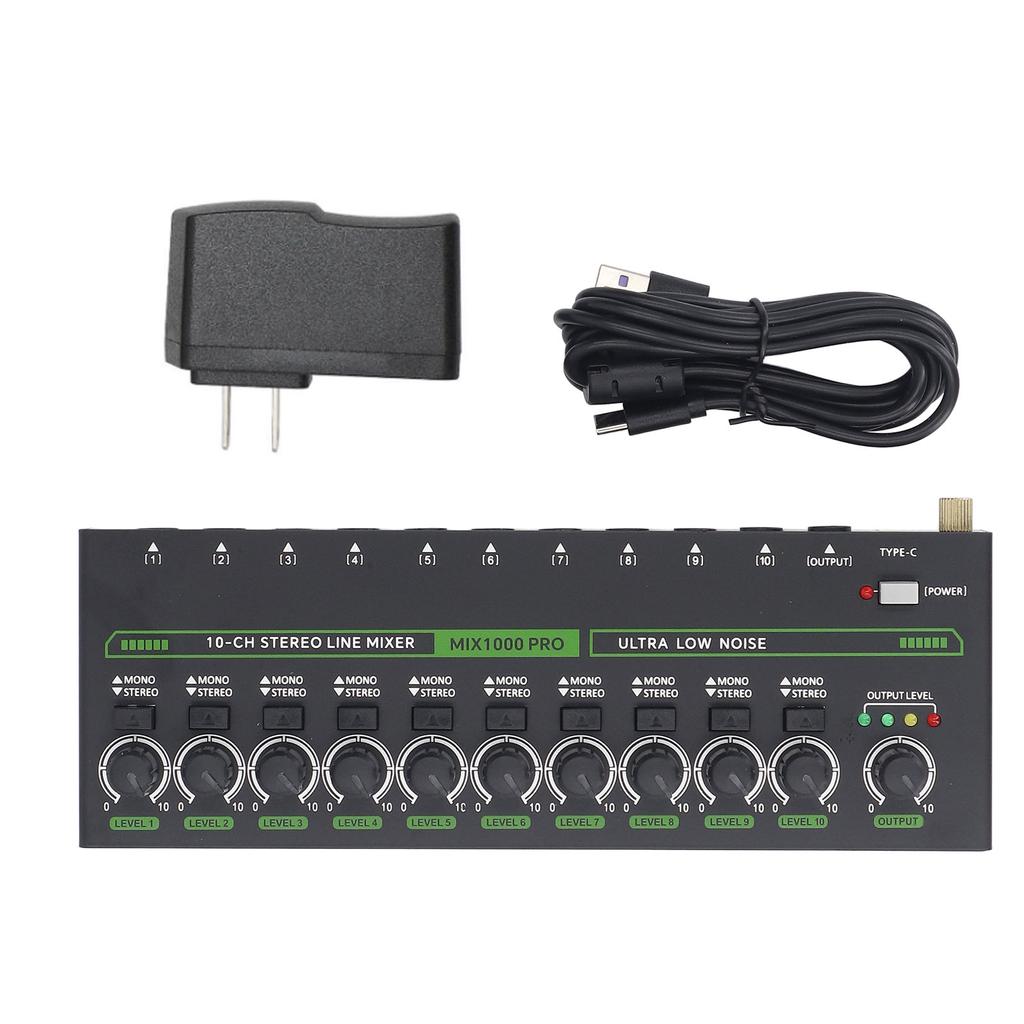 MIX1000 10 Channel Stereo Mixer with RGB Light Low Noise Stereo Mono Switching Mixer for Guitar
