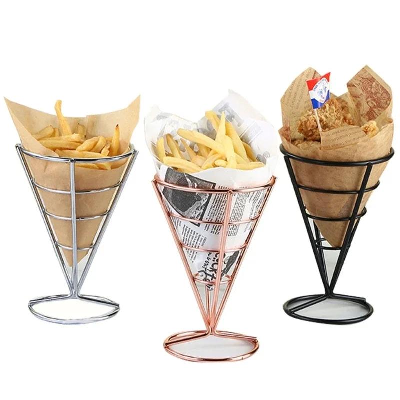 French Fries Stand With Sauce Set Rust proof Metal Chip Cup Holder Fried Chicken Display Rack Basket Party Kitchen Supply