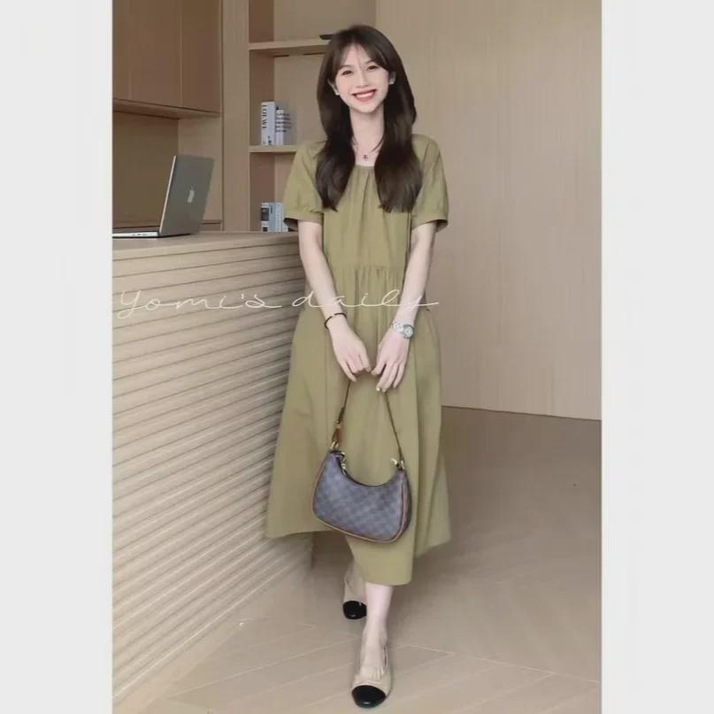 Sommerliches Midi-Kleid im koreanischen Stil, locker, einfarbig