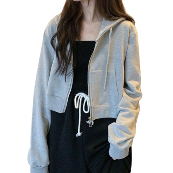 Women Autumn Solid Color Long Sleeve Zipper Pocket Coat Short Hoodie Crop