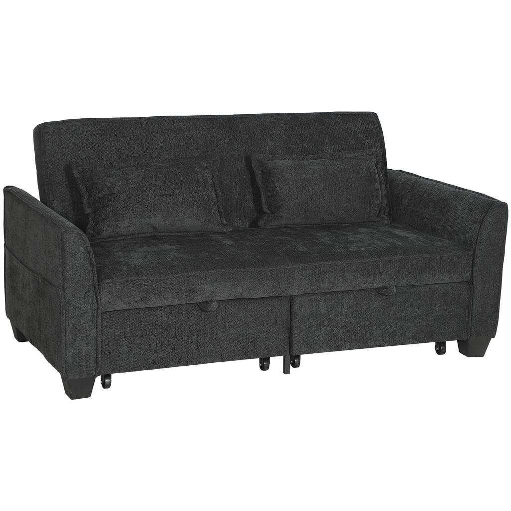 2 Seater Sofa Bed, 4-in-1 L-Shaped Convertible Pull-Out Sleeper Sofa with Adjustable Backrest and Side Pockets, Black