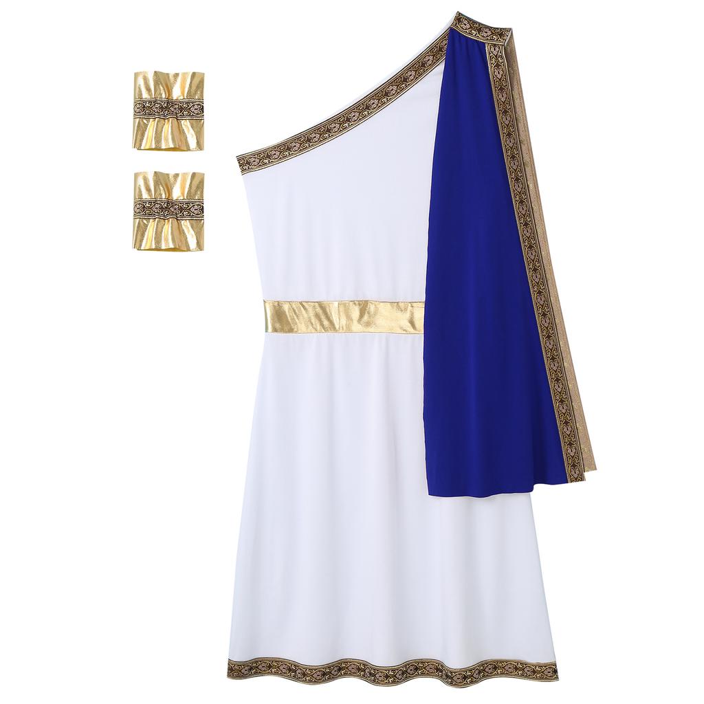 Mens One Shoulder Greek Toga Sleeveless Robe Embroidered Trim Detachable Cuffs Ancient Costume Halloween Outfit