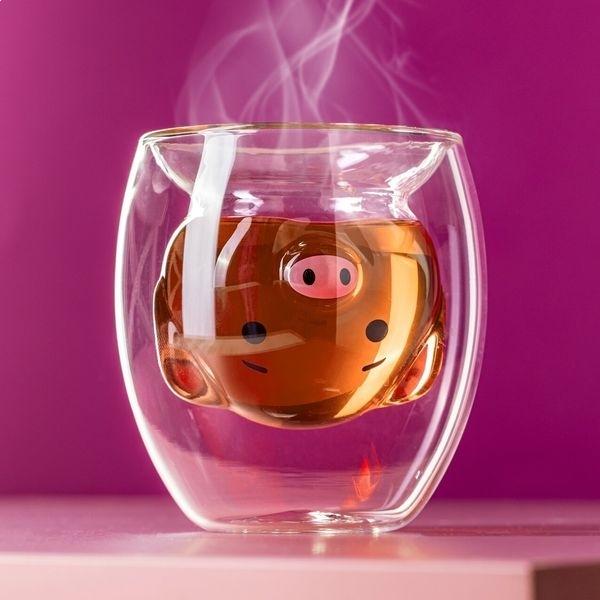 Doppelwandige Schweinetasse aus Glas für Kaffee und Tee, originelles Schweinchen