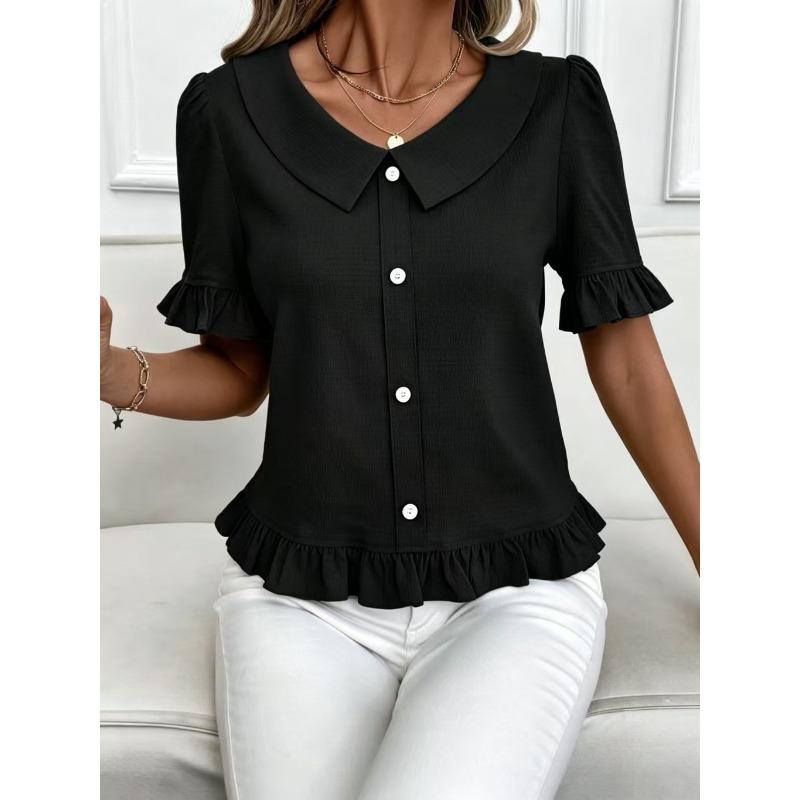 Lady's Front-buttoned Petal Short-sleeved Summer Fashion Pullover Casual Everyday Versatile Top