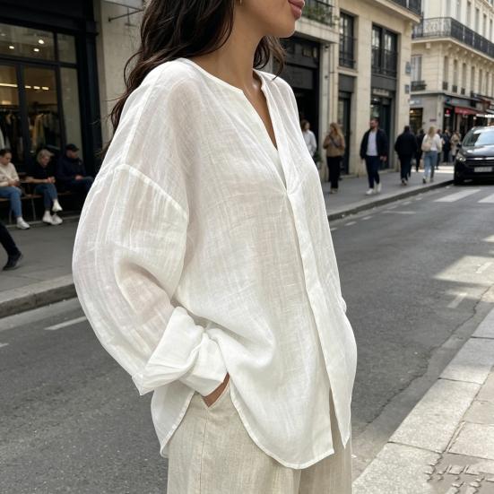 Women Tops V Neck Long Sleeve Pure Color Mid-length Pullover Tops with Asymmetrical Slit Curved Hem Loose Fit Versatile Casual Shirt