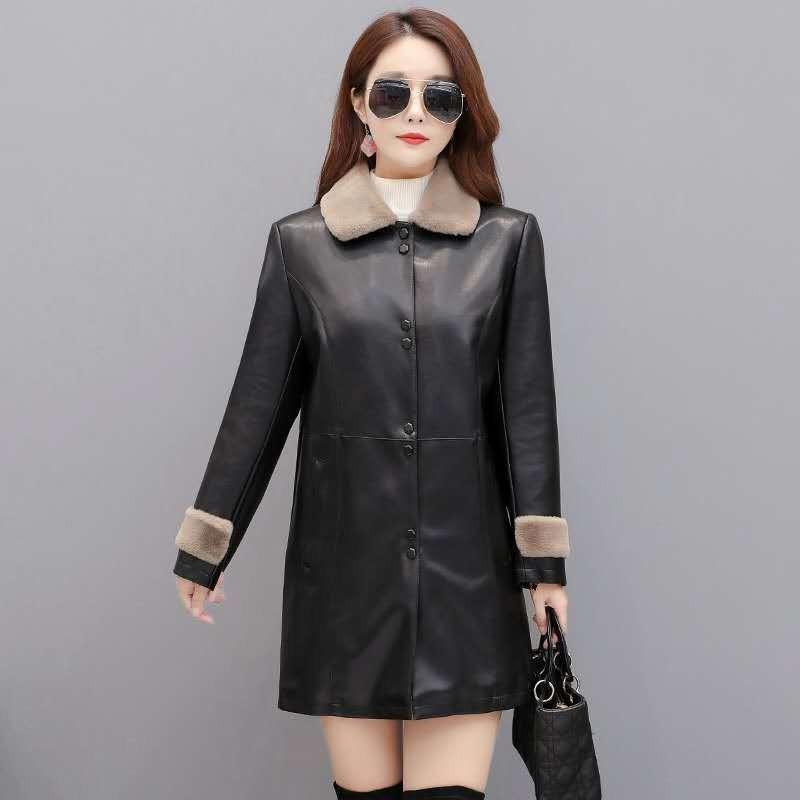 

Женская зимняя средней длины флисовая куртка с утолщением, кожаным воротником из меха, свободного кроя, из ПУ кожи XL