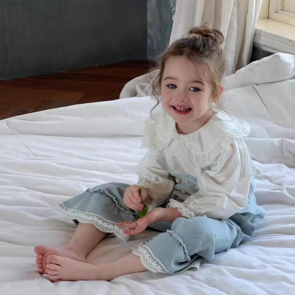 Spring 2025 Korean Style Girls' Lace Denim Flare Pants – Fashionable, Slim, Versatile Long Children's Pants