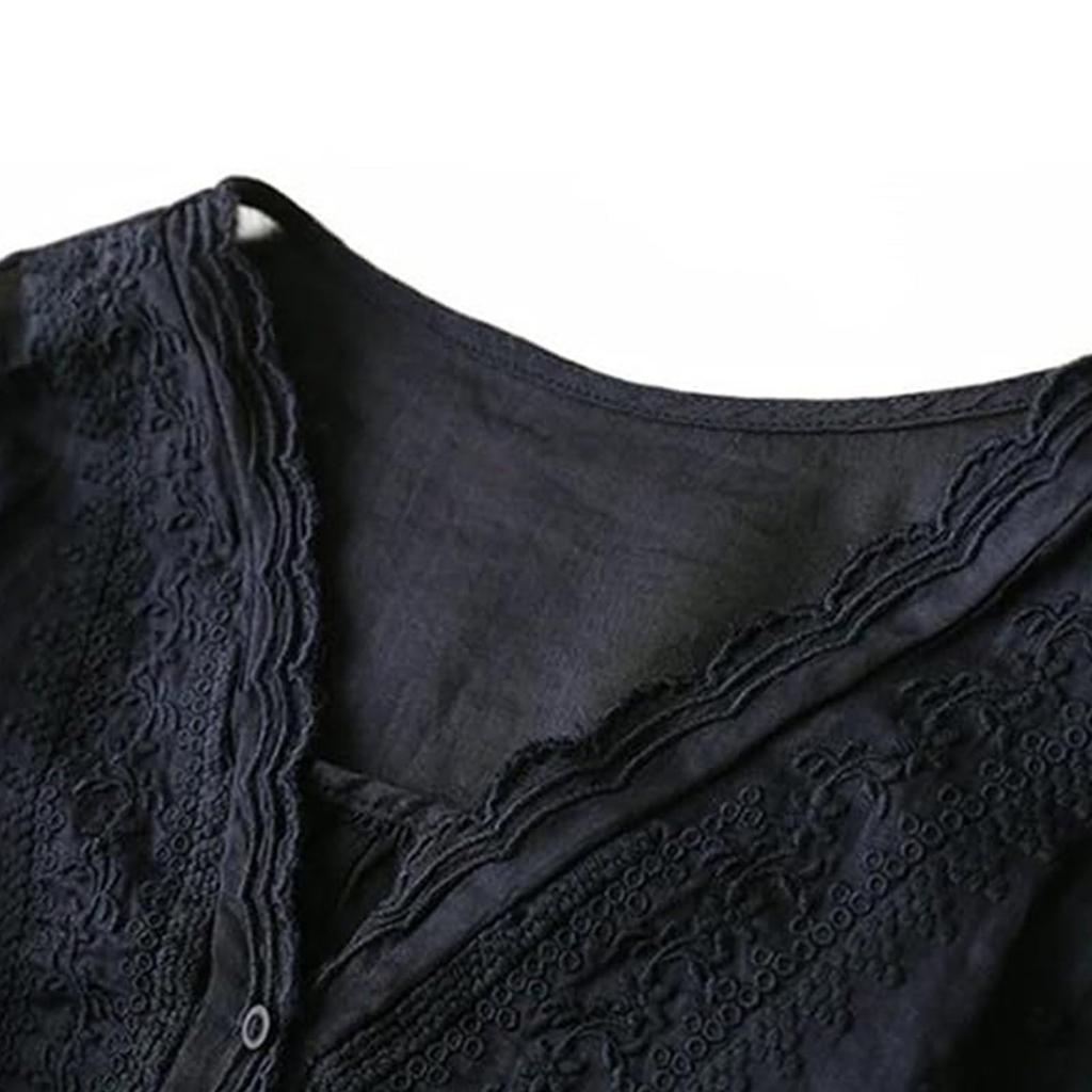 Women's Solid Color Cotton And Linen Short-sleeved Embroidered Retro Breathable T-shirt Round Neck Top