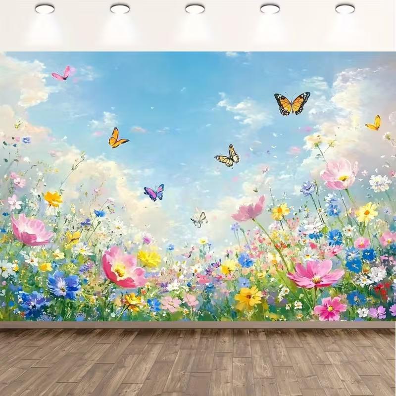 2D Watercolor Wildflower Photography Backdrop Butterfly Blue Sky Background 47.2x31.5inch/120*80cm