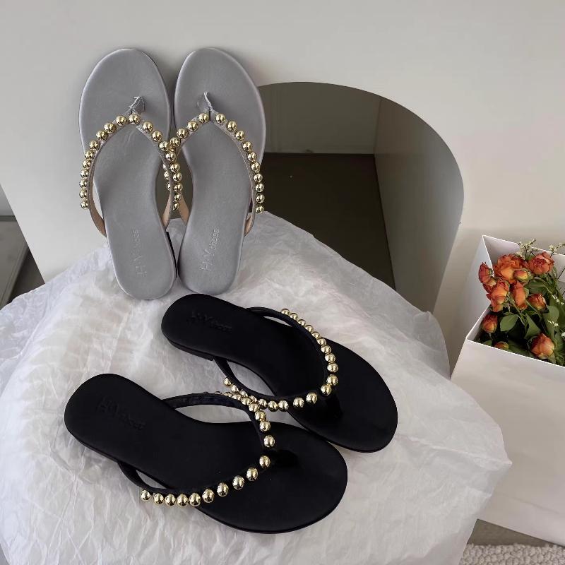Fashion Fashion Pearls Beach Flip Flops for Women 2025 Summer Clip Toe Flat Slides Sandals Woman Comfortable Non Slip Outdoor Slippers