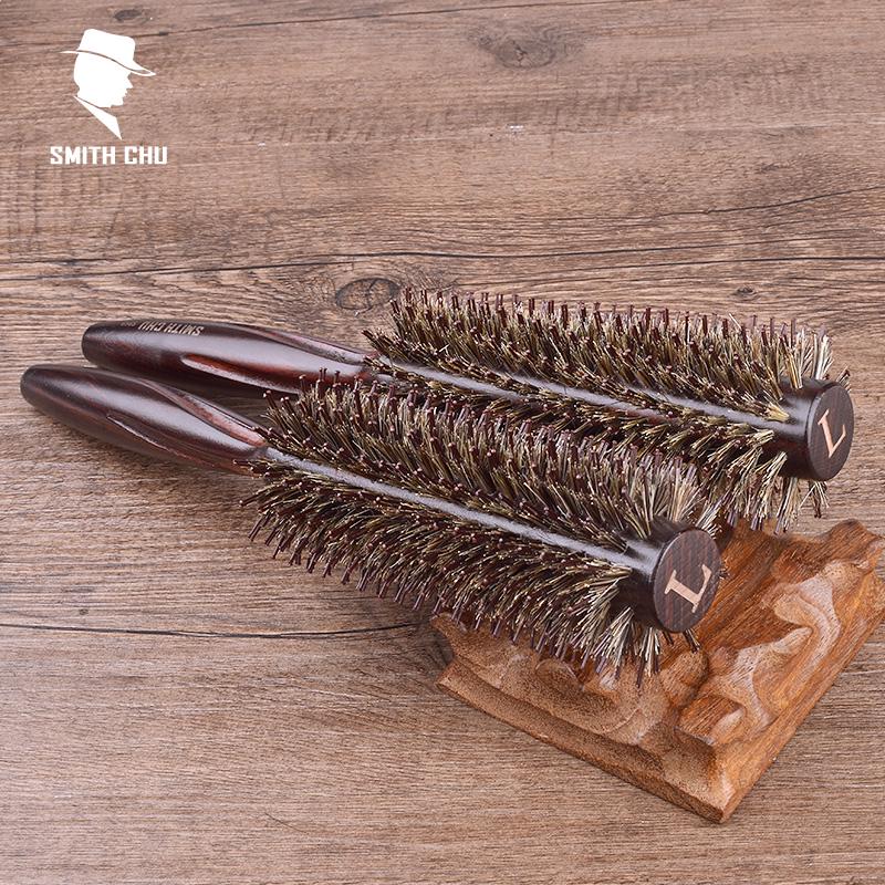 Professional Curly Hair Comb - Red-Brown Nylon Teeth, Original Wood Roller, Round Head for Inward Curls
