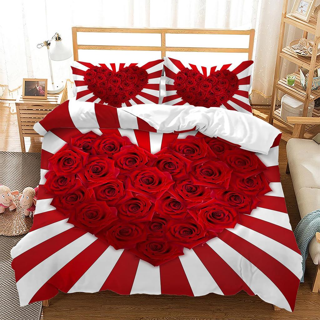Red Rose Duvet Cover Set King Size, Red And White Comforter Cover Sets With Zipper Closure, Romantic Hearts Lover Bedding Set