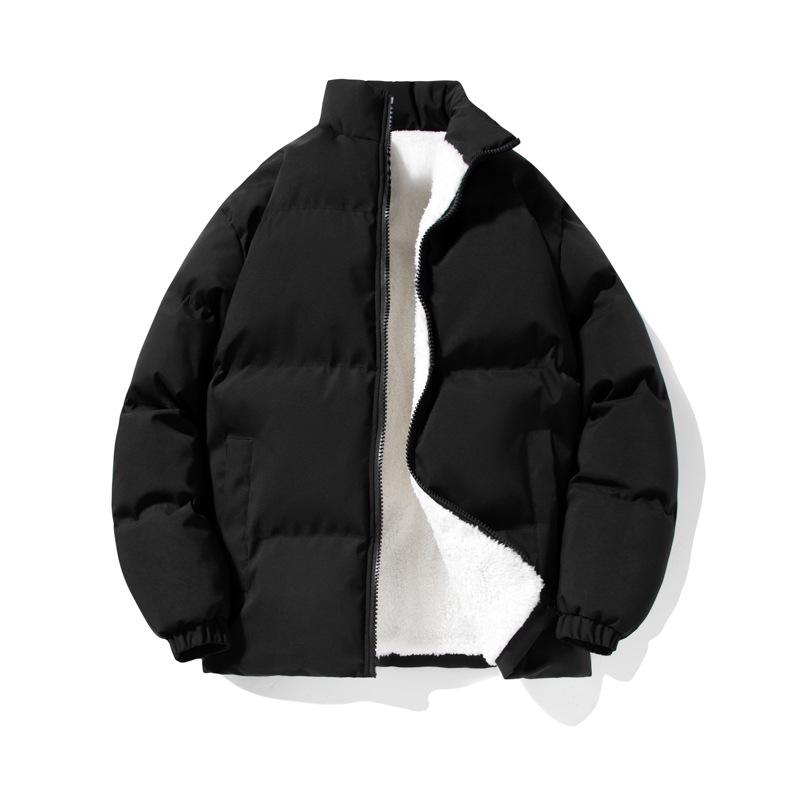Men's Thickened Cotton Jacket with Stand Collar - Versatile Loose Fit, Solid Color, Plus Velvet.