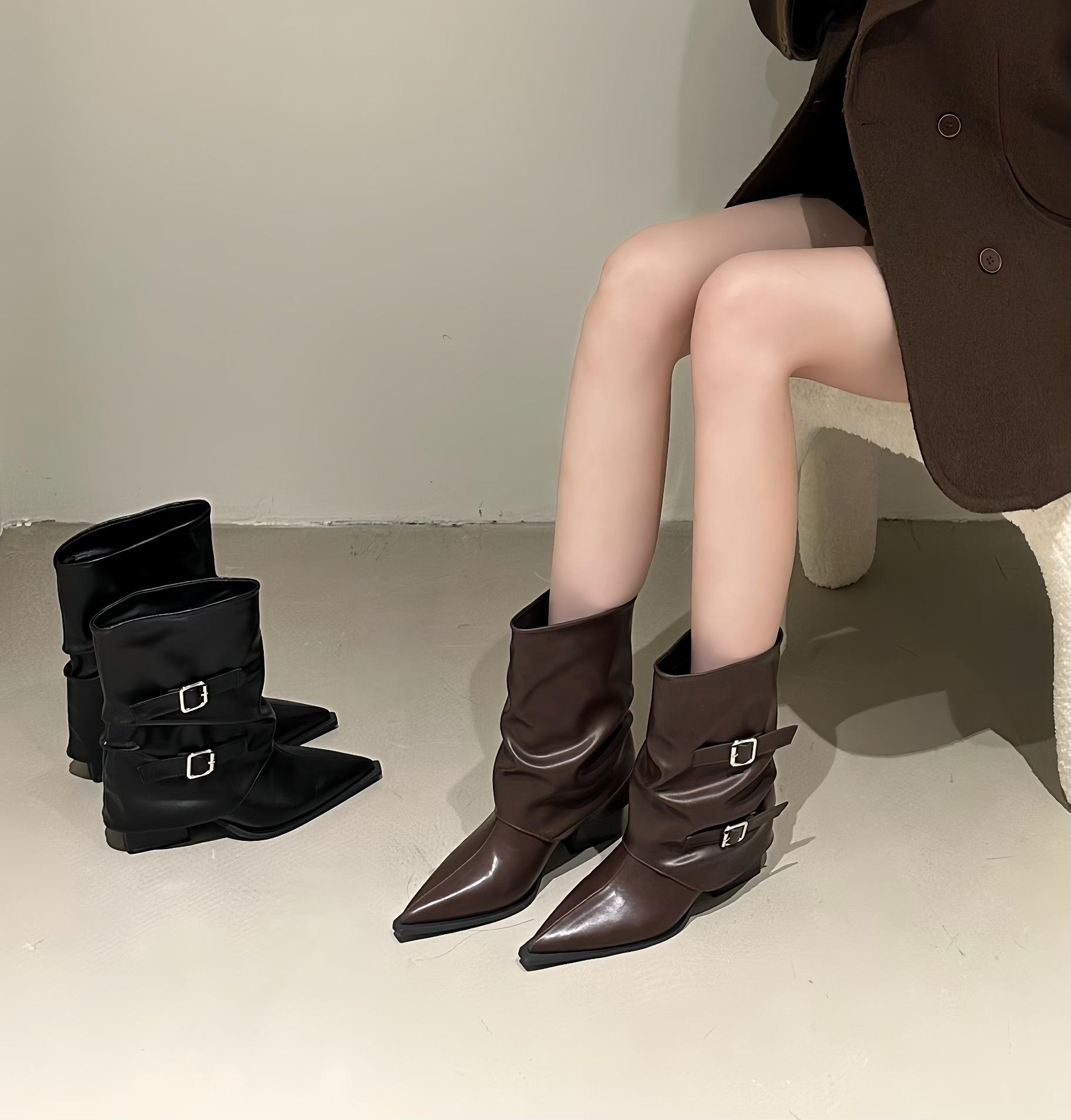 

High Heel Short Boots Women s Autumn and Winter Maillard Pointed Leather Boots Coarse Heel Pleated Pile Boots Medium Pants Tube Boots 40 темно-коричневого