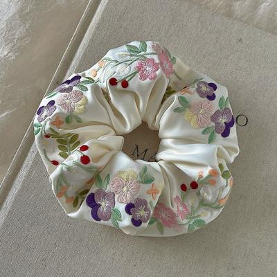 Luxury Colorful Floral Scrunchies Satin French Style Embroidery Hair Scrunchies Oversized Large Hair Ropes Girls